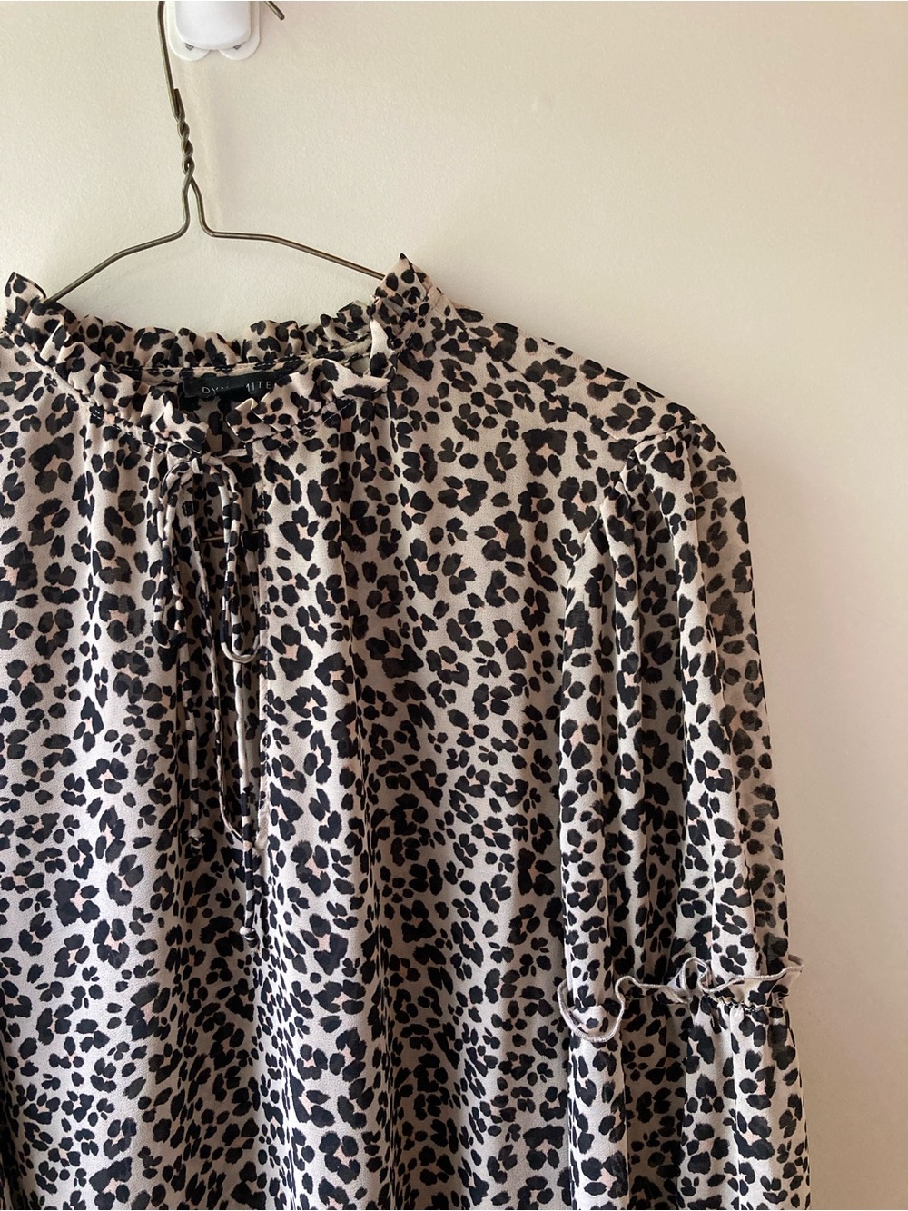 Dynamite Sheer Leopard Cheetah Print Ruffle Neck Long Sleeve Blouse
